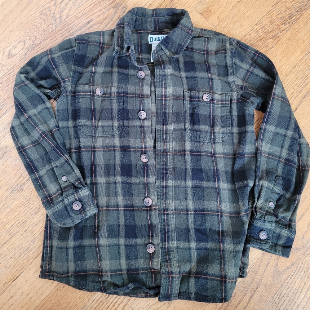 Duluth Trading Green Plaid Kids Flannel Shirt, Size 6